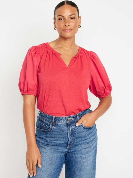 Puff-Sleeve Slub-Knit Top