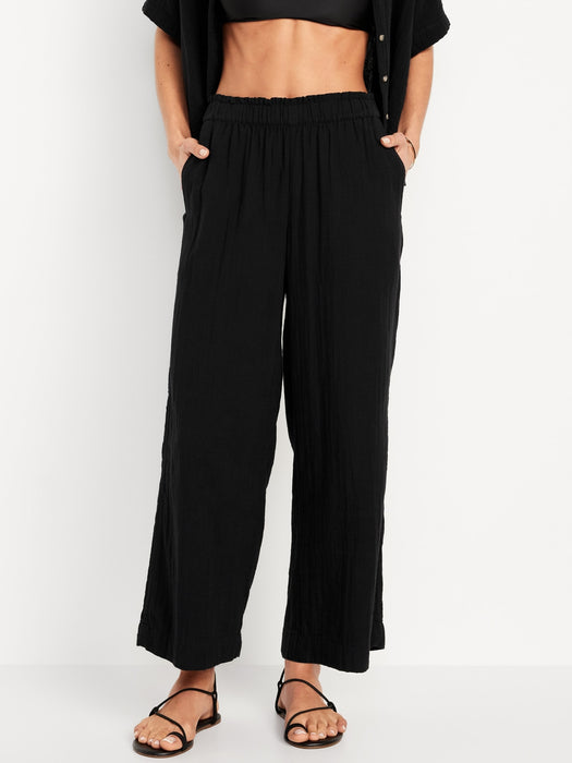 High-Waisted Crinkle Gauze Pull-On Ankle Pants