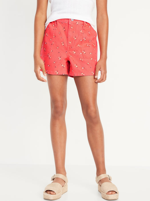 Printed Elasticized High-Waisted Utility Jean Shorts for Girls