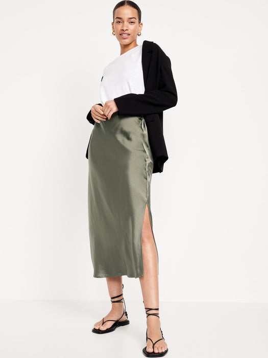High-Waisted Satin Midi Slip Skirt