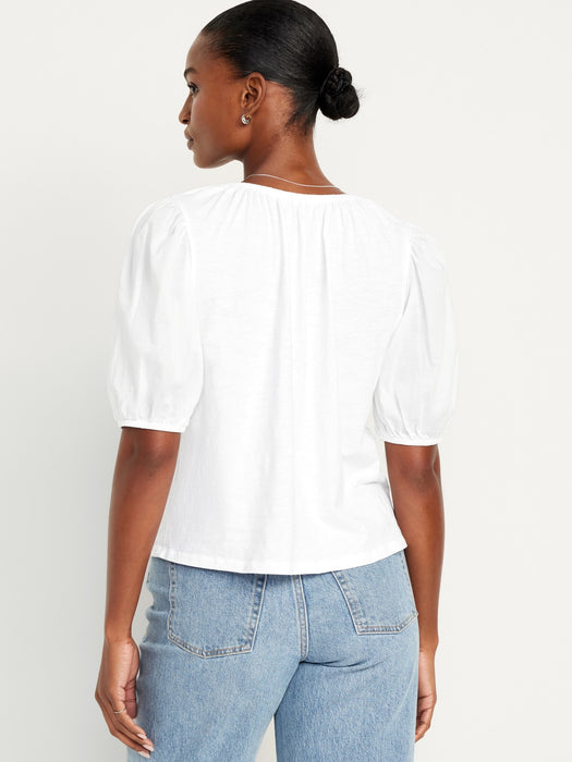 Puff-Sleeve Slub-Knit Top