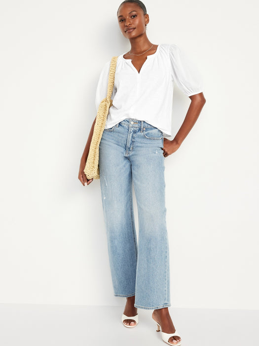 Puff-Sleeve Slub-Knit Top