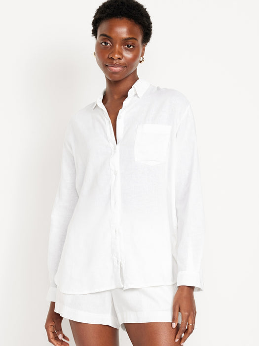 Linen-Blend Button-Down Boyfriend Shirt