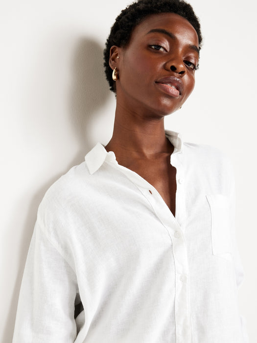 Linen-Blend Button-Down Boyfriend Shirt