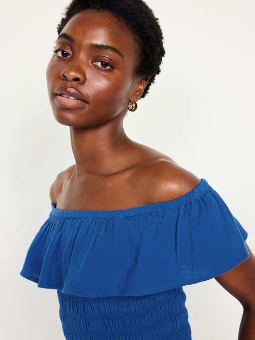 Off-Shoulder Crinkle Gauze Crop Top