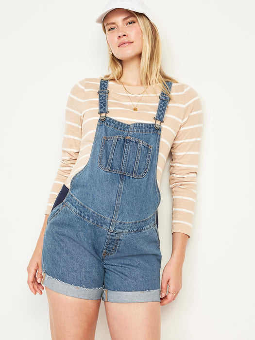 Maternity Side-Panel Slouchy Jean Shortalls -- 5-inch inseam