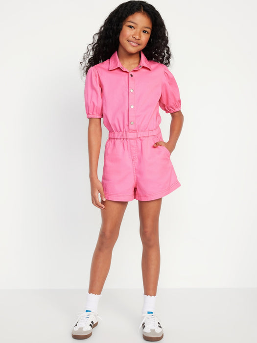 Puff-Sleeve Button-Front Romper for Girls