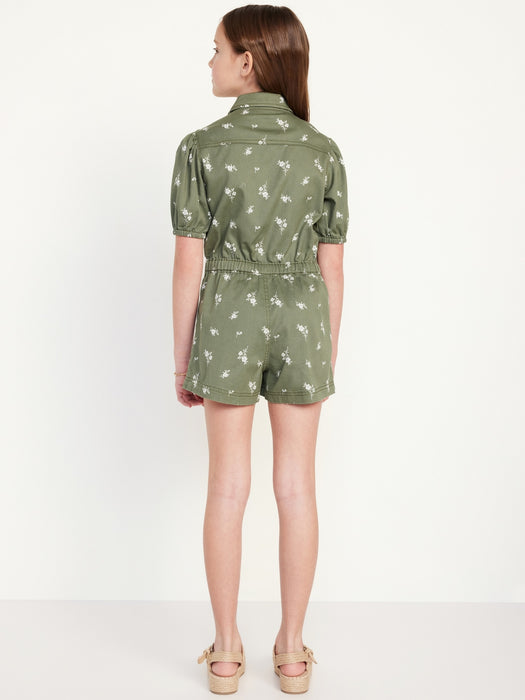 Puff-Sleeve Button-Front Romper for Girls