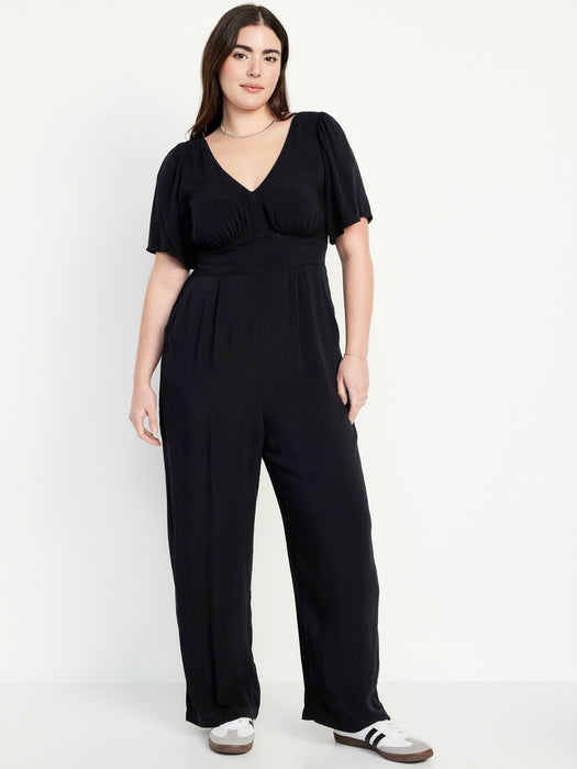 Waist-Defined Puff-Sleeve Jumpsuit