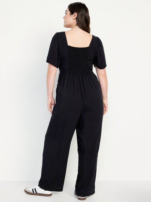 Waist-Defined Puff-Sleeve Jumpsuit