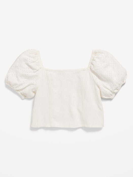 Short Puff-Sleeve Eyelet Linen-Blend Top for Girls