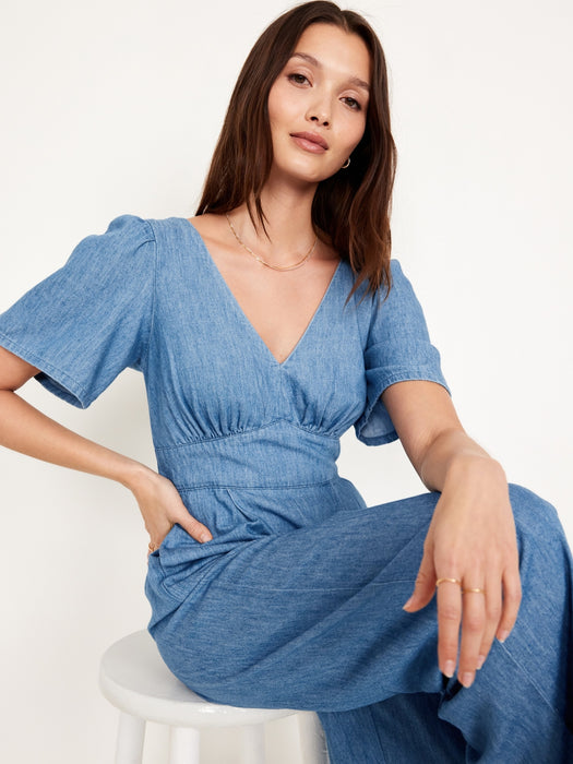 Waist-Defined Puff-Sleeve Jumpsuit