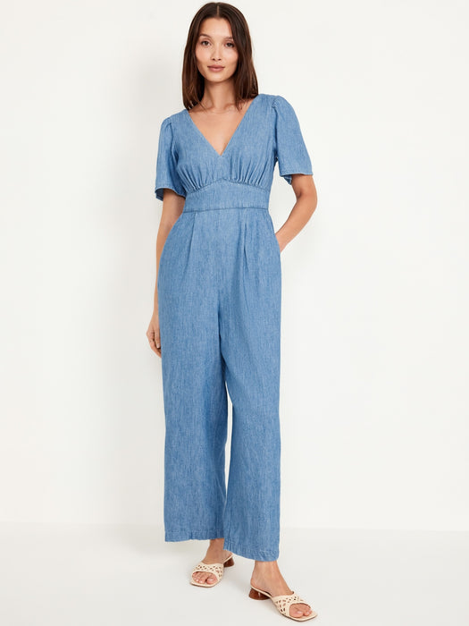 Waist-Defined Puff-Sleeve Jumpsuit
