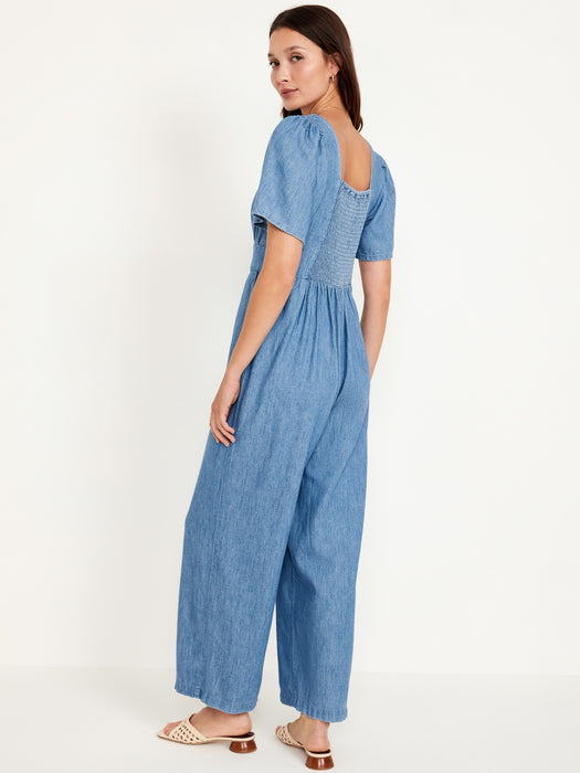 Waist-Defined Puff-Sleeve Jumpsuit
