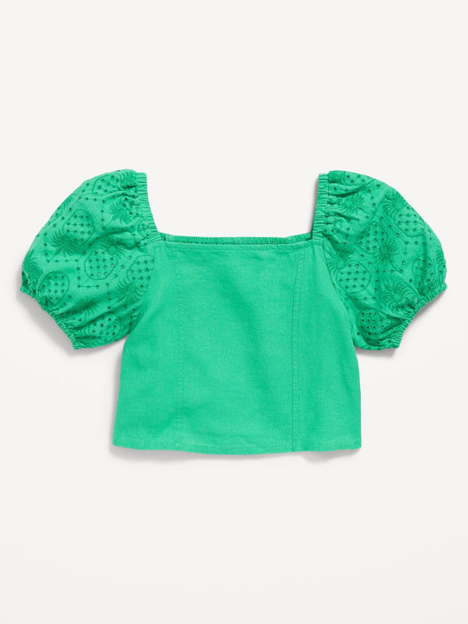 Short Puff-Sleeve Eyelet Linen-Blend Top for Girls