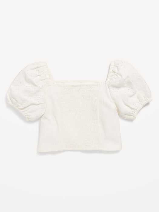 Short Puff-Sleeve Eyelet Linen-Blend Top for Girls