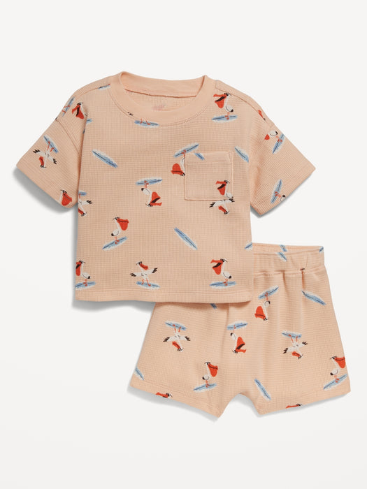 Printed Thermal-Knit Pocket T-Shirt and Shorts Set for Baby