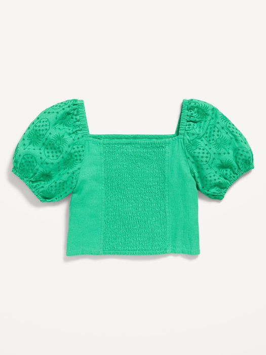 Short Puff-Sleeve Eyelet Linen-Blend Top for Girls