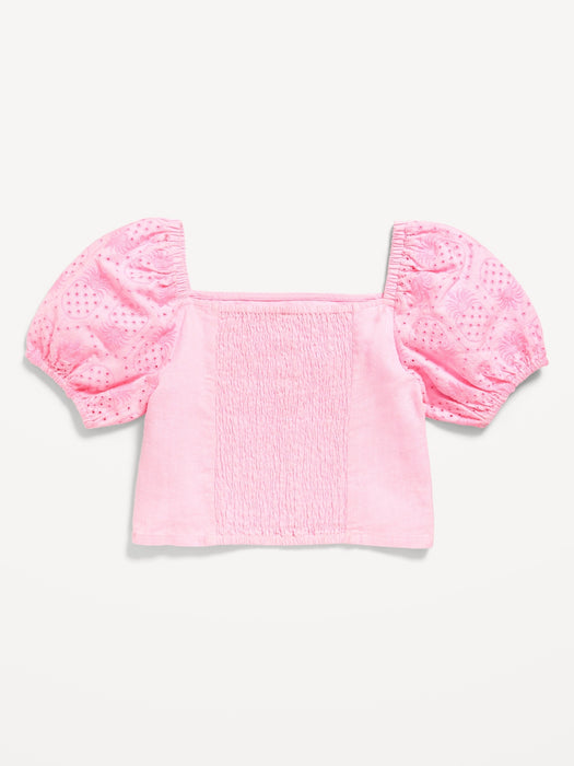 Short Puff-Sleeve Eyelet Linen-Blend Top for Girls