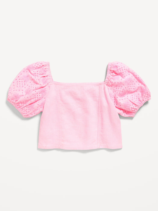 Short Puff-Sleeve Eyelet Linen-Blend Top for Girls