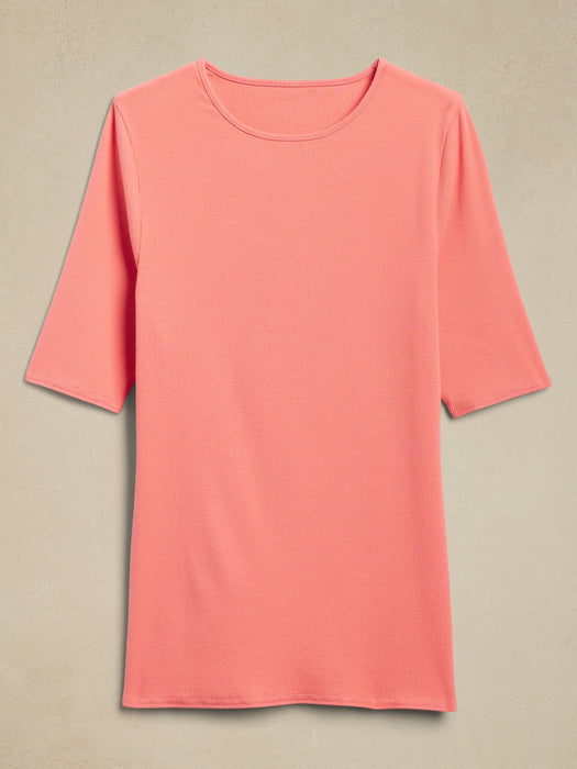 Ribbed Elbow-Sleeve T-Shirt