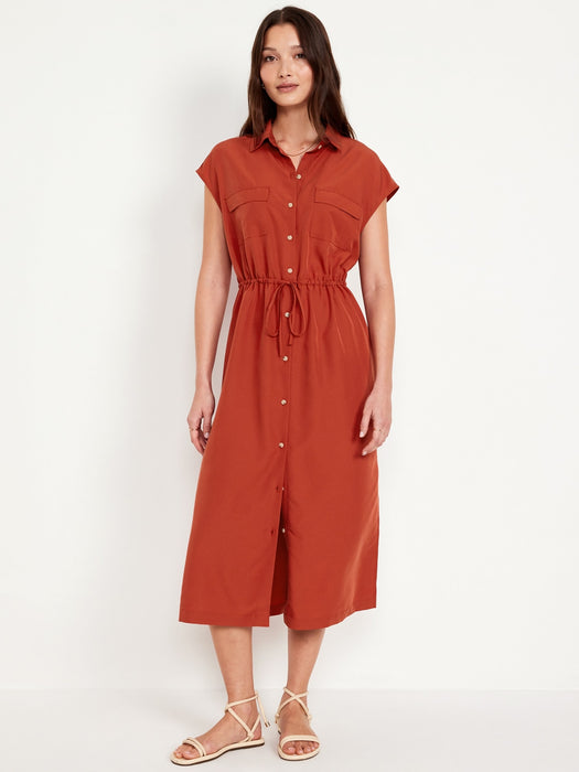 Waist-Defined Utility Midi Shirt Dress