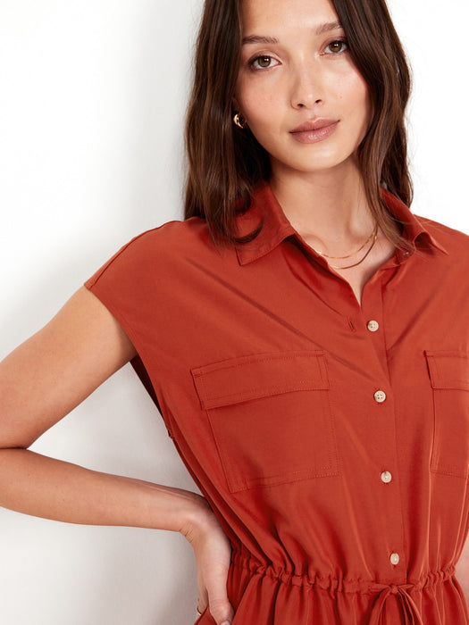 Waist-Defined Utility Midi Shirt Dress