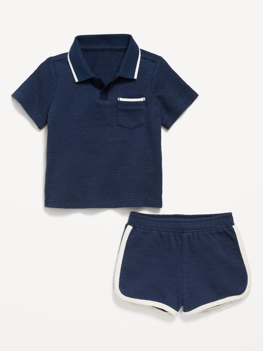 Textured-Knit Collared Pocket Shirt and Shorts Set for Baby