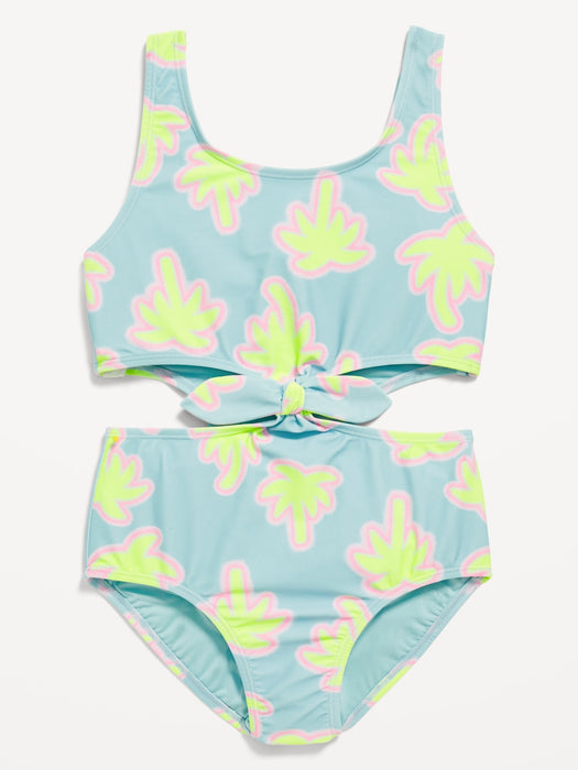 Printed Side Cutout Tie-Knot One-Piece Swimsuit for Girls