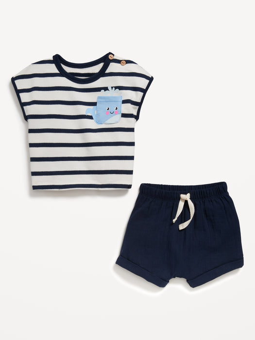 Striped Short-Sleeve Pocket Top and Shorts Set for Baby