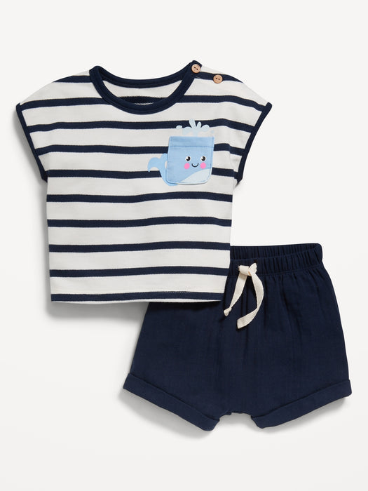 Striped Short-Sleeve Pocket Top and Shorts Set for Baby