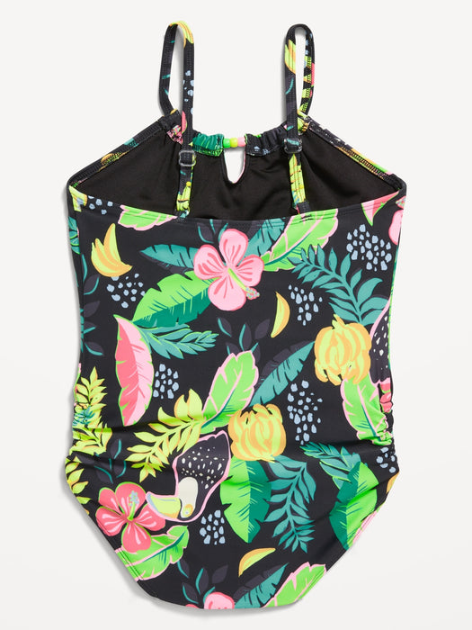 Printed Bead-Cutout One-Piece Swimsuit for Girls