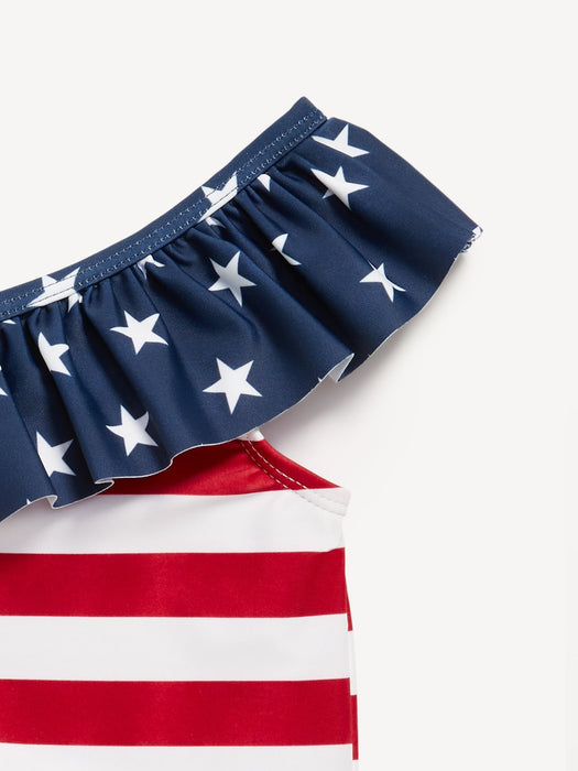 Printed One-Shoulder Ruffled One-Piece Swimsuit Set for Baby