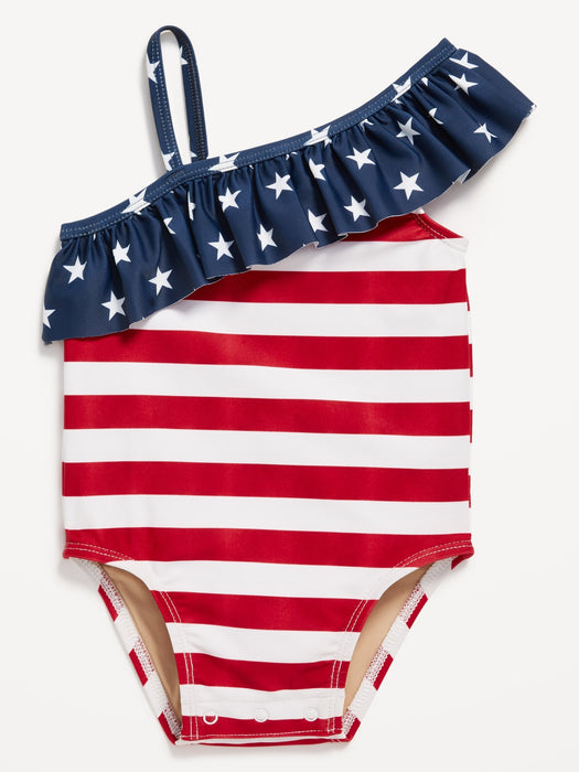 Printed One-Shoulder Ruffled One-Piece Swimsuit Set for Baby