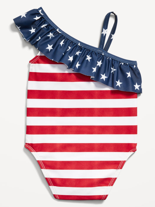 Printed One-Shoulder Ruffled One-Piece Swimsuit Set for Baby
