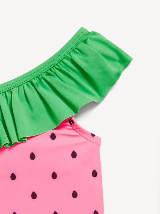 Printed One-Shoulder Ruffled One-Piece Swimsuit Set for Baby