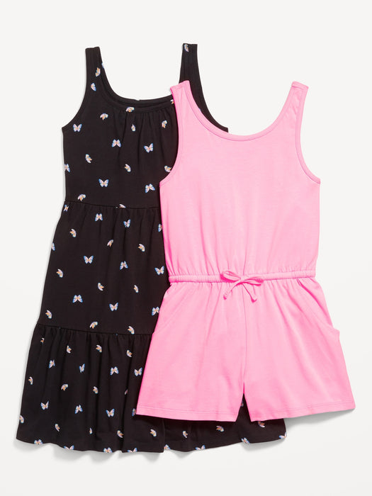 Sleeveless Tiered Dress and Romper 2-Pack for Girls