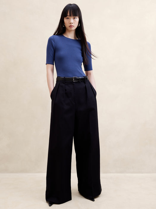 Ribbed Elbow-Sleeve T-Shirt