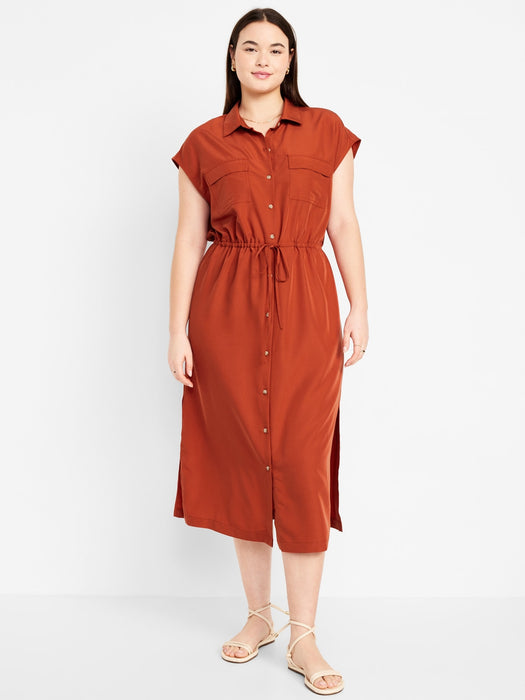 Waist-Defined Utility Midi Shirt Dress