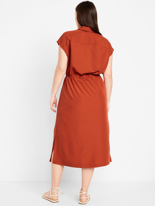 Waist-Defined Utility Midi Shirt Dress