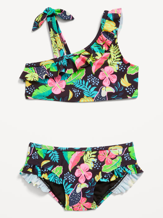 One-Shoulder Printed Ruffle-Trim Swim Set for Toddler Girls