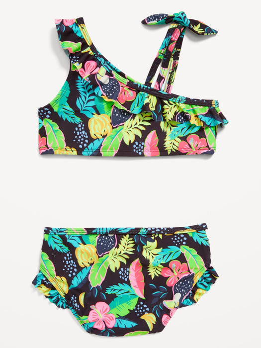 One-Shoulder Printed Ruffle-Trim Swim Set for Toddler Girls