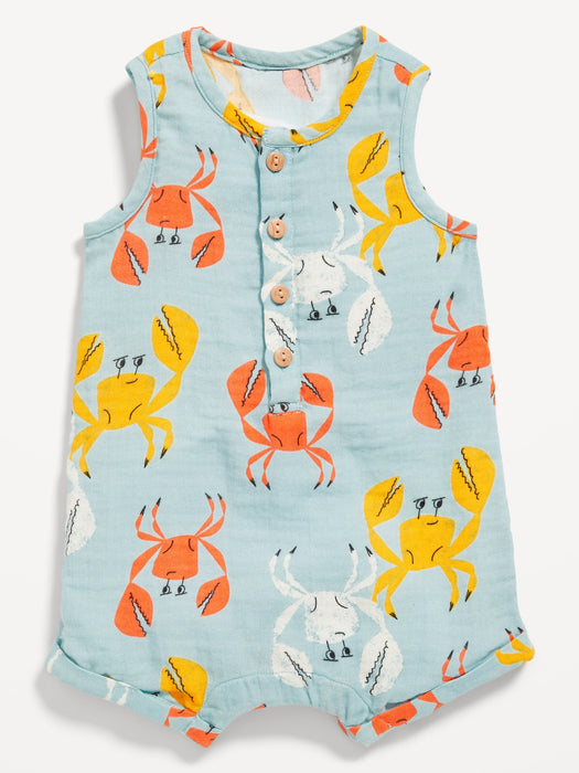Unisex Printed Sleeveless Henley Romper for Baby