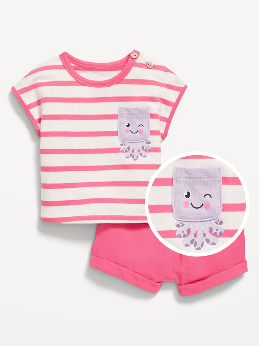 Striped Short-Sleeve Pocket Top and Shorts Set for Baby
