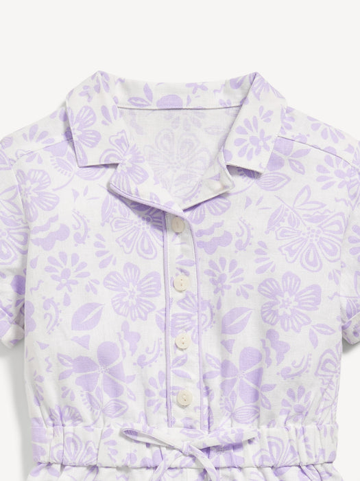 Short-Sleeve Linen-Blend Tie-Front Romper for Toddler Girls