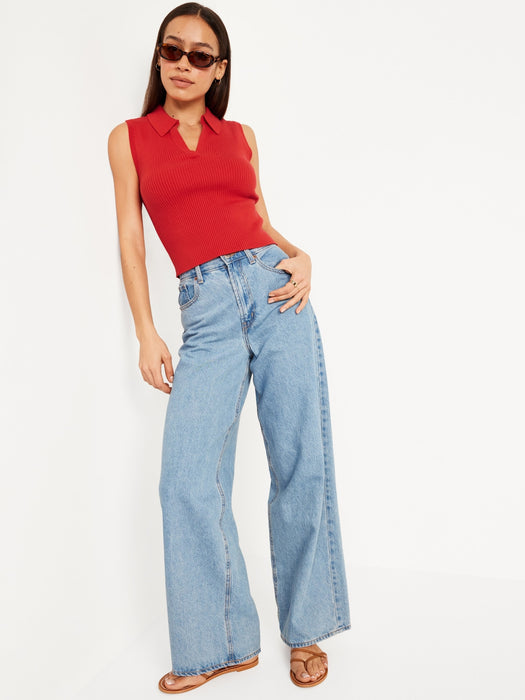 Rib-Knit Crop Polo Sweater