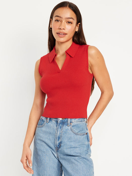Rib-Knit Crop Polo Sweater