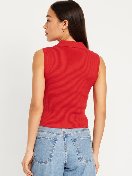 Rib-Knit Crop Polo Sweater