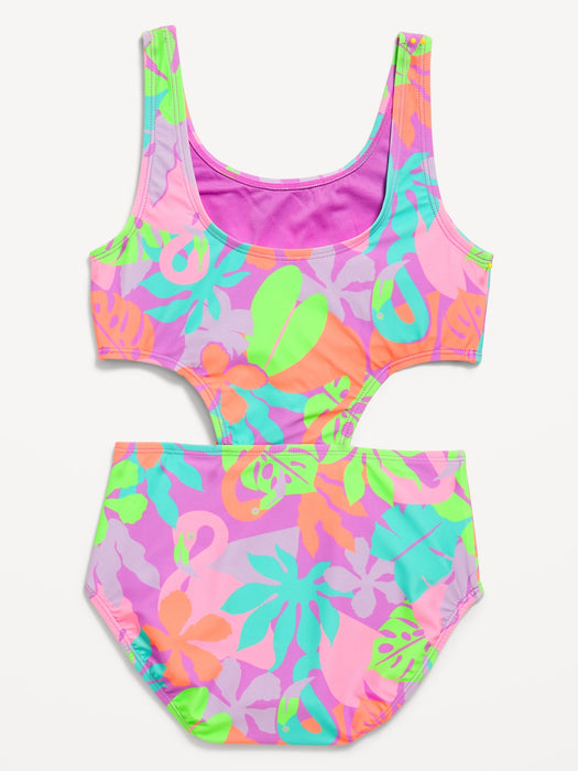 Printed Side Cutout Tie-Knot One-Piece Swimsuit for Girls
