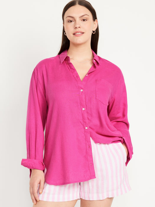 Linen-Blend Button-Down Boyfriend Shirt